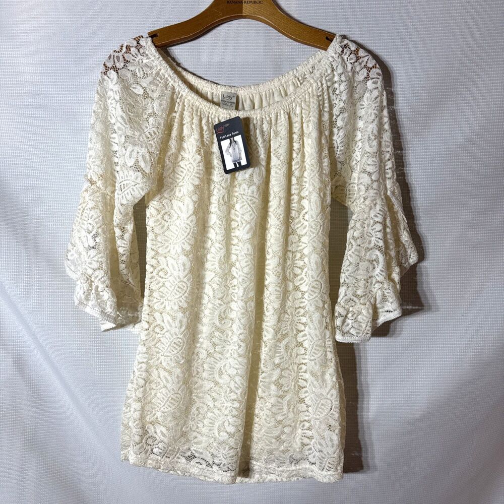 Lildy Full Lace Tunic Blouse Ivory Bell Sleeve Lined Witchy Cottagecore - S/M